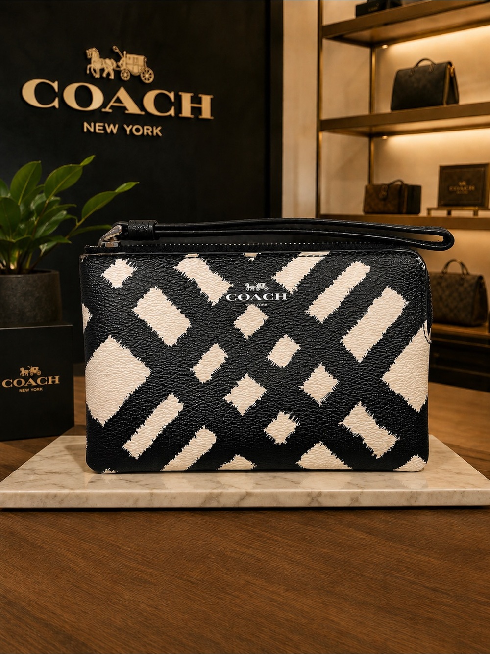 Coach Wild Plaid Corner Zip Wristlet